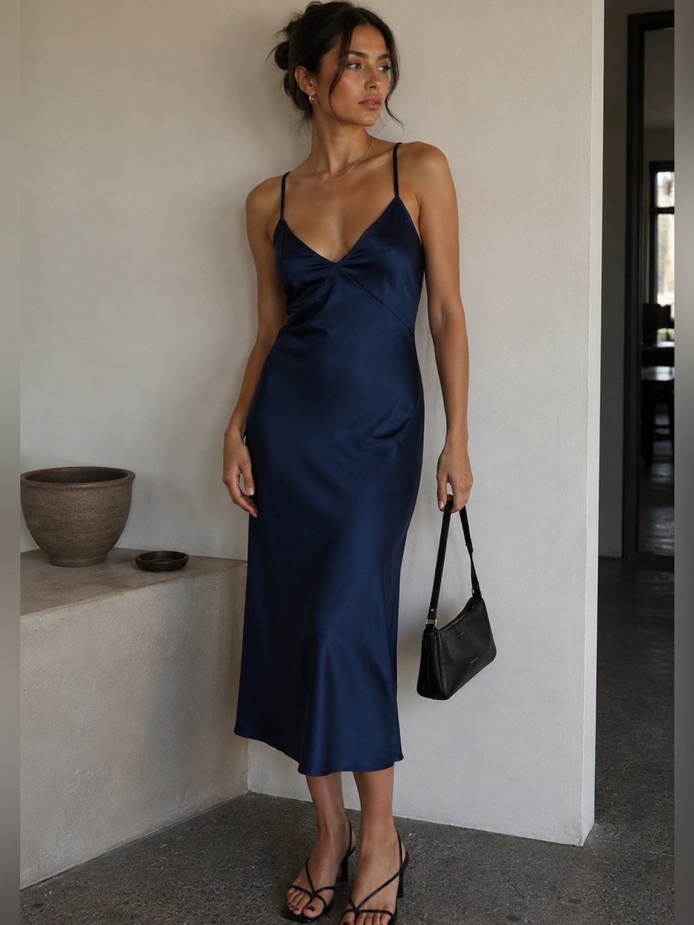 EKOUAER Blue Slinky Spaghetti Strap 90’S Minimalist Camisole Slip Dress Size S